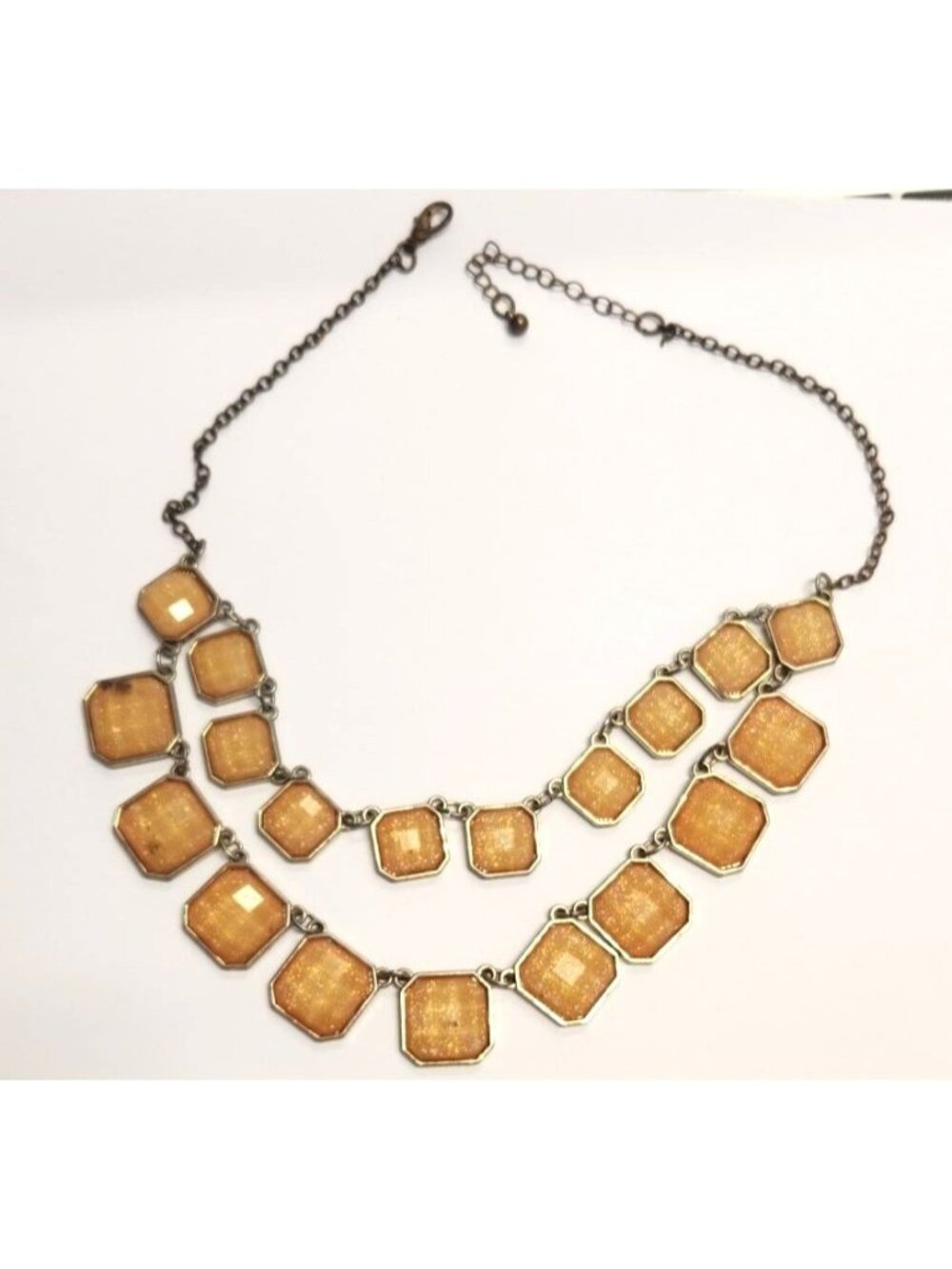 Vintage Gold Tone Double Strand Orange Tinted Square Beaded Necklace